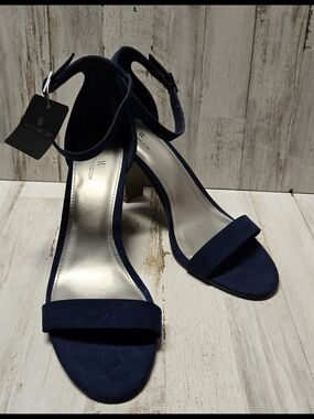 Navy Suede Ankle-Strap Block Heels